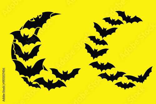 Set of two black bat moon shapes vector on yellow background