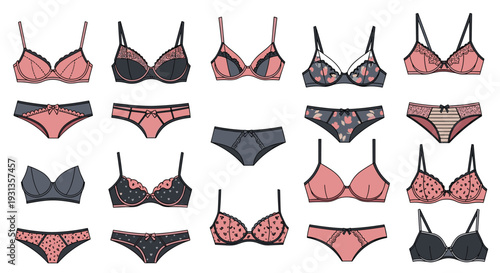 Selection of stylish women's lingerie including various bra designs and matching panties with diverse colors and patterns.