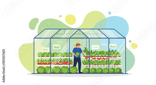 Farmer harvesting fresh vegetables from vertical layers inside a modern greenhouse showcasing controlled environment agriculture, Generative AI.