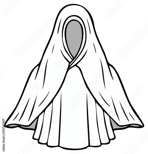 Stylized illustration of a white ghost draped in flowing fabric covering its face