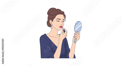Elegant woman applying red lipstick while gazing into a handheld mirror preparing for an evening out, Generative AI.