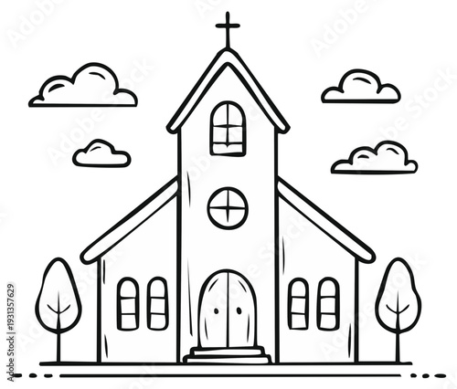 Illustrated Outlined Church with Cross, Trees, Clouds, and Simple Line Art, Religious Building