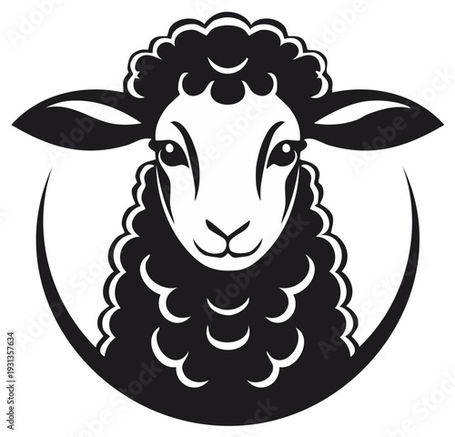 Stylized Black And White Sheep Portrait Emblem With Curly Wool