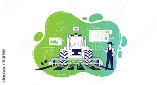 Farmer interacting with a smart agricultural tractor utilizing GPS technology and data analytics for precision field farming, Generative AI.
