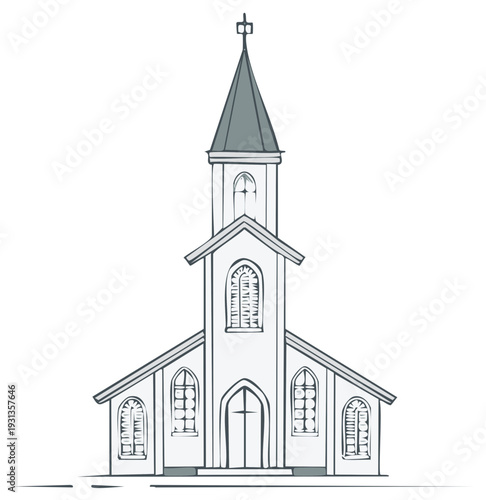 Classic church building with steeple and arched windows, illustration
