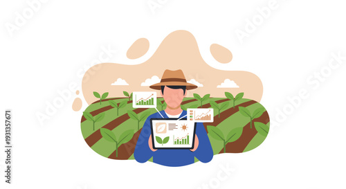 Farmer holding a digital tablet showcasing agricultural data analytics and graphs for crop management in a green field, Generative AI.