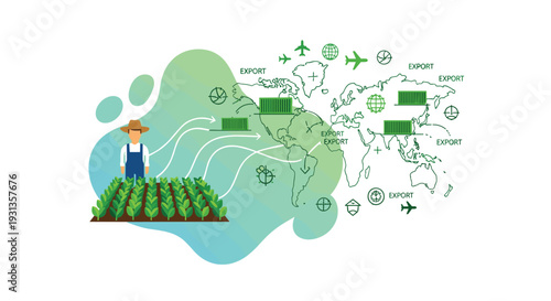 Farmer exporting agricultural products globally with cargo containers airplanes and a world map illustrating international trade routes, Generative AI.