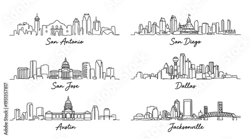 Set of six American city skyline sketches in minimalist continuous line art vector style