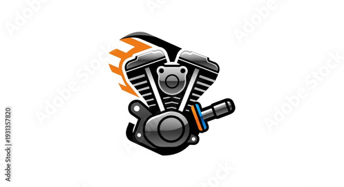 Powerful V Twin Motorcycle Engine with Flames.