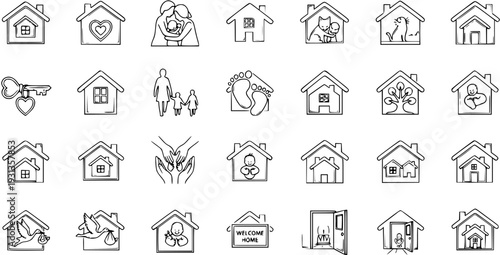 Collection of Hand-Drawn House Icons Representing Family, Home, and New Beginnings
