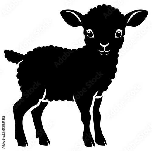 Stylized Black Lamb Silhouette Graphic Illustration Standing on White Background, Isolated Farm Animal Image, Black and White Silhouette