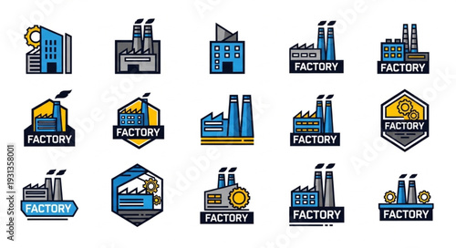 Collection of Industrial Factory Building Icons and Symbols.