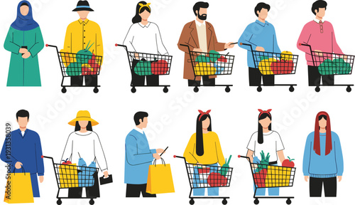Diverse People Shopping with Grocery Carts Full of Fresh Food in Supermarket Flat Vector Set Illustration