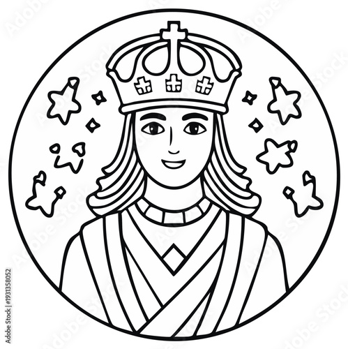 Line art illustration of a crowned royal figure surrounded by stars in a circular frame for coloring