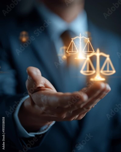 Wallpaper Mural Justice in Hand: An attorney, in a suit, symbolizes justice by holding a digital scales of justice, suggesting fairness, legal expertise, and the pursuit of righteousness. Torontodigital.ca