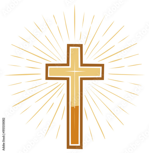 Golden Christian Cross Symbol Radiating Light on a White Background Hope and Belief Faith Spiritual Religious Concept