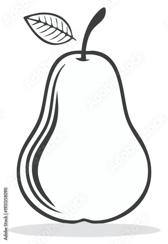Simple line art illustration of a ripe pear with a leaf, isolated
