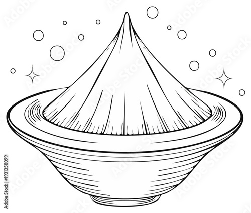 Stylized illustration of a pointed conical pile of powder or flour in a round dish with sparkling highlights and circles