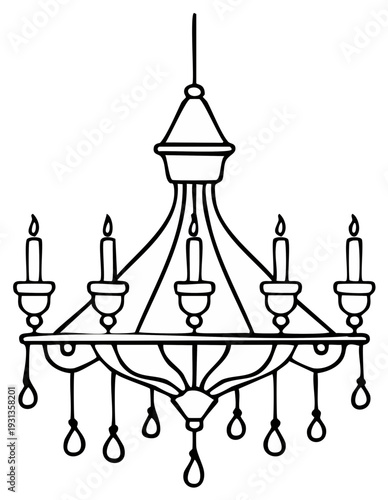 Elegant chandelier line art with five candles and crystal pendants hand drawn design
