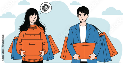 Stressed Shoppers with Shopping Bags and Boxes – Overwhelmed by Purchases Illustration for Consumer Lifestyle and Retail Design