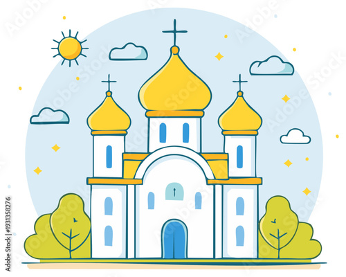 Cartoon illustration of a traditional Russian Orthodox church building with golden domes.