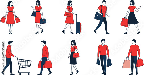 Stylish People Carrying Shopping Bags, Luggage, and Shopping Carts for Retail and Travel Activities