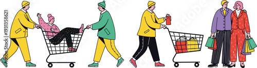 Young Couple Enjoying Shopping Together with Grocery Cart and Full Bags in Store