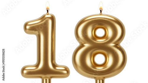 Gold eighteen birthday candles side by side number isolated on a transparent background