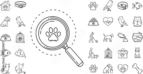 Pet Care Icons: Detailed Black and White Line Art for Veterinary and Animal Lovers