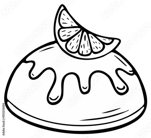 Cartoon pudding dessert with dripping glaze and a citrus fruit slice coloring page line art