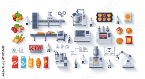 Food Production Factory Equipment and Ingredients Illustration.