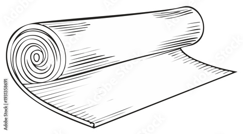 Rolled up yoga mat with spiraling end in a line drawing style for fitness and wellness