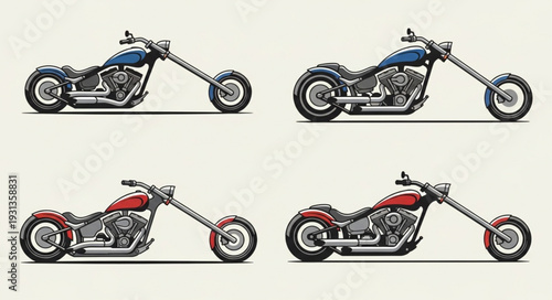 Four Chopper Motorcycles Displayed Side by Side.