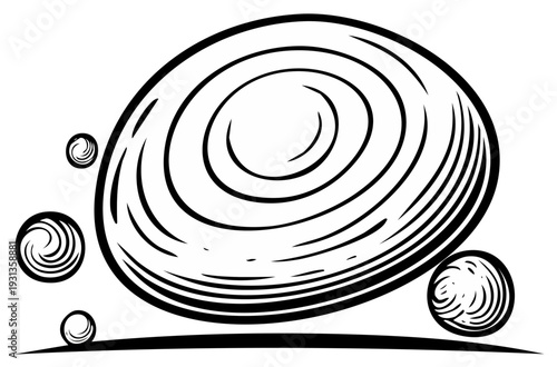 Abstract illustration of swirling circles and orbs in black and white