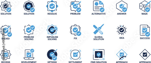 Problem Solving and Solution Icons Collection with Resolve Fix Idea and Success Symbols Flat Vector Illustration Set