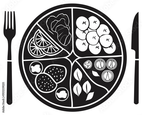 Illustration of Balanced Plate with Fork and Knife. Diet, Nutrition Guidelines