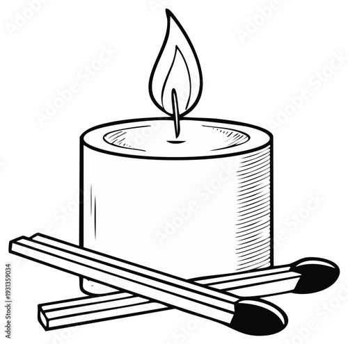 Burning candle with two matches in black and white illustration