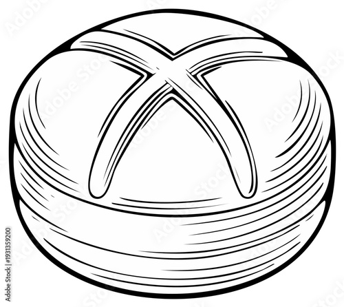 Outline drawing of a round bread bun with a distinct cross score mark food illustration