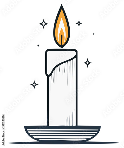 Cartoon Candle Burning With Flame and Sparkles