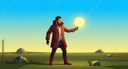 Man Holding Sun in a Vast Landscape.