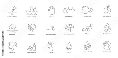 Comprehensive Skincare Actives and Natural Botanical Oils Line Art Vector Icon Set