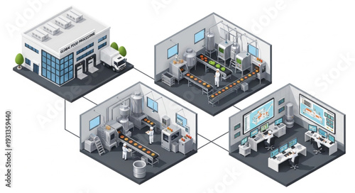 Modern automated factory production line and control room illustration.