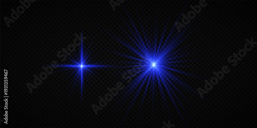 Colorful Star Light Effect Collection with Blue, Golden, and Yellow Glowing Starlight Sparkle Rays and Lens Flare Illumination on Transparent Background