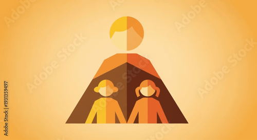 Stylized illustration of a parent figure protecting two children, a boy and a girl, in warm orange and brown tones, symbolizing family care and unity.