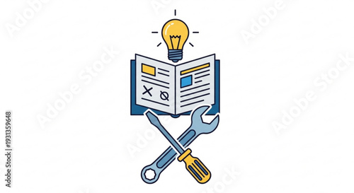 Creative problem solving with tools and book lightbulb moment for innovation and ideas