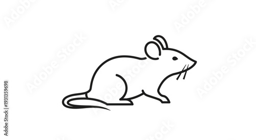 Mouse sitting on floor with whiskers and ears up simple black line drawing on white background