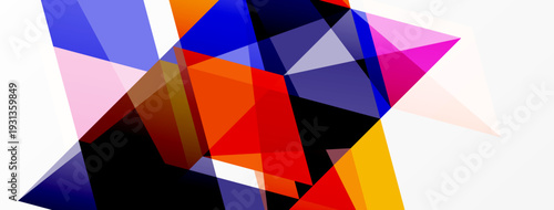 Abstract geometric composition. Overlapping colorful triangles create dynamic visual effect. Bright hues contrast with white space.