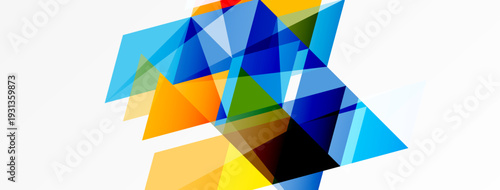 Abstract geometric shapes overlap, creating vibrant color composition. Triangles dominate design, suggesting dynamism, modernity.