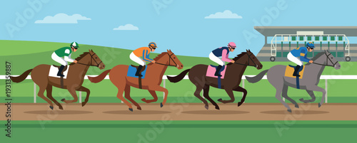 Horse Racing Competition with Jockeys on Thoroughbred Horses Galloping on Track Toward Finish Line Professional Equestrian Sport Vector Illustration for Derby and Betting