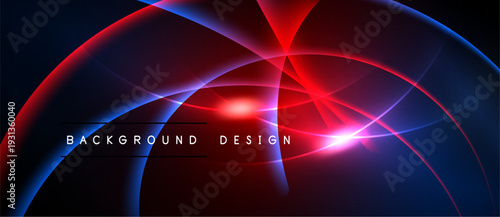 Abstract design features vibrant red, blue glows. Dynamic lines create futuristic, energetic composition. Dark background emphasizes bright elements.